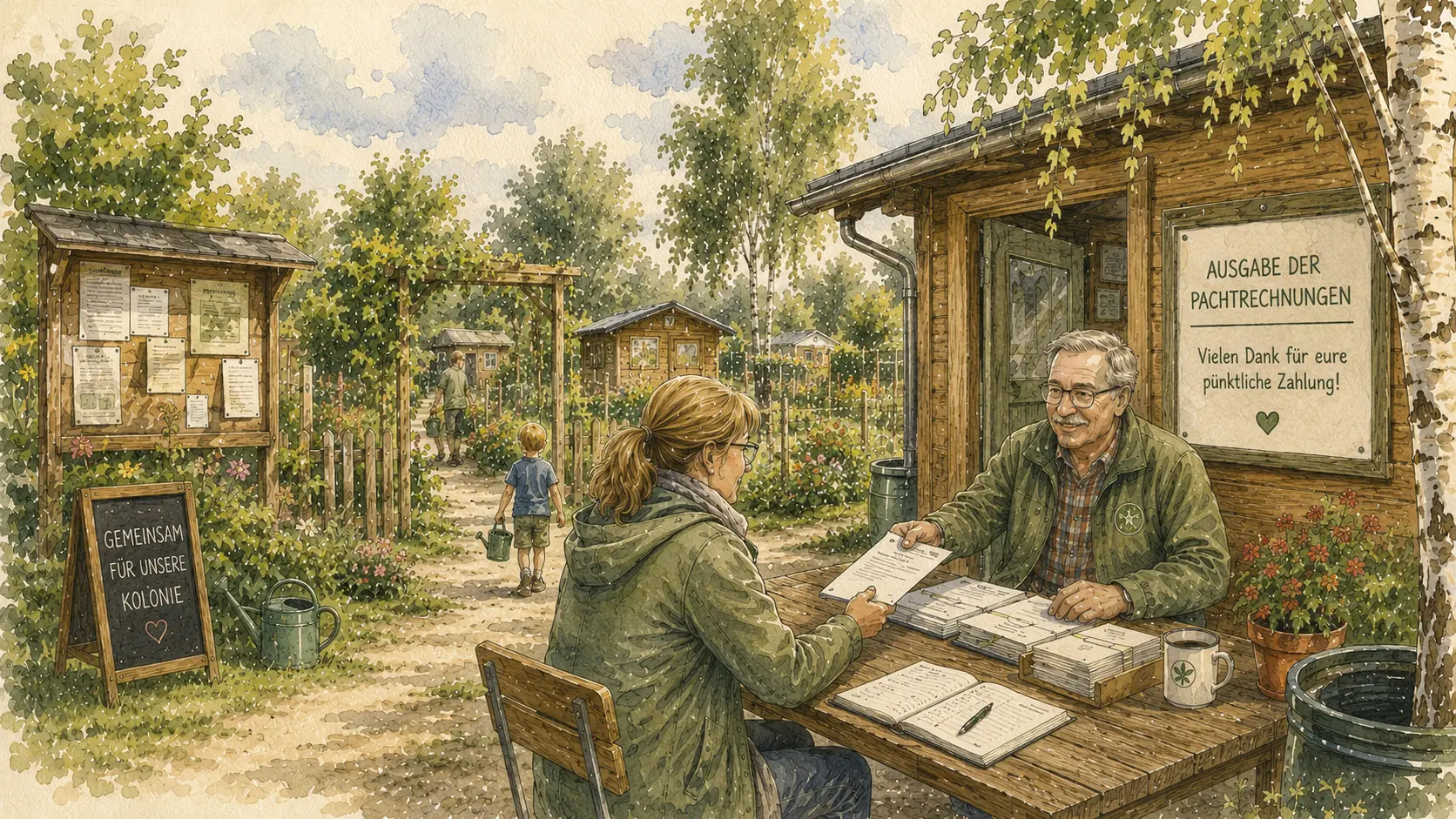 Aquarell: Vorstandsmitglied übergibt eine Pachtrechnung vor dem Vereinshaus der KGA Ewige Heimat