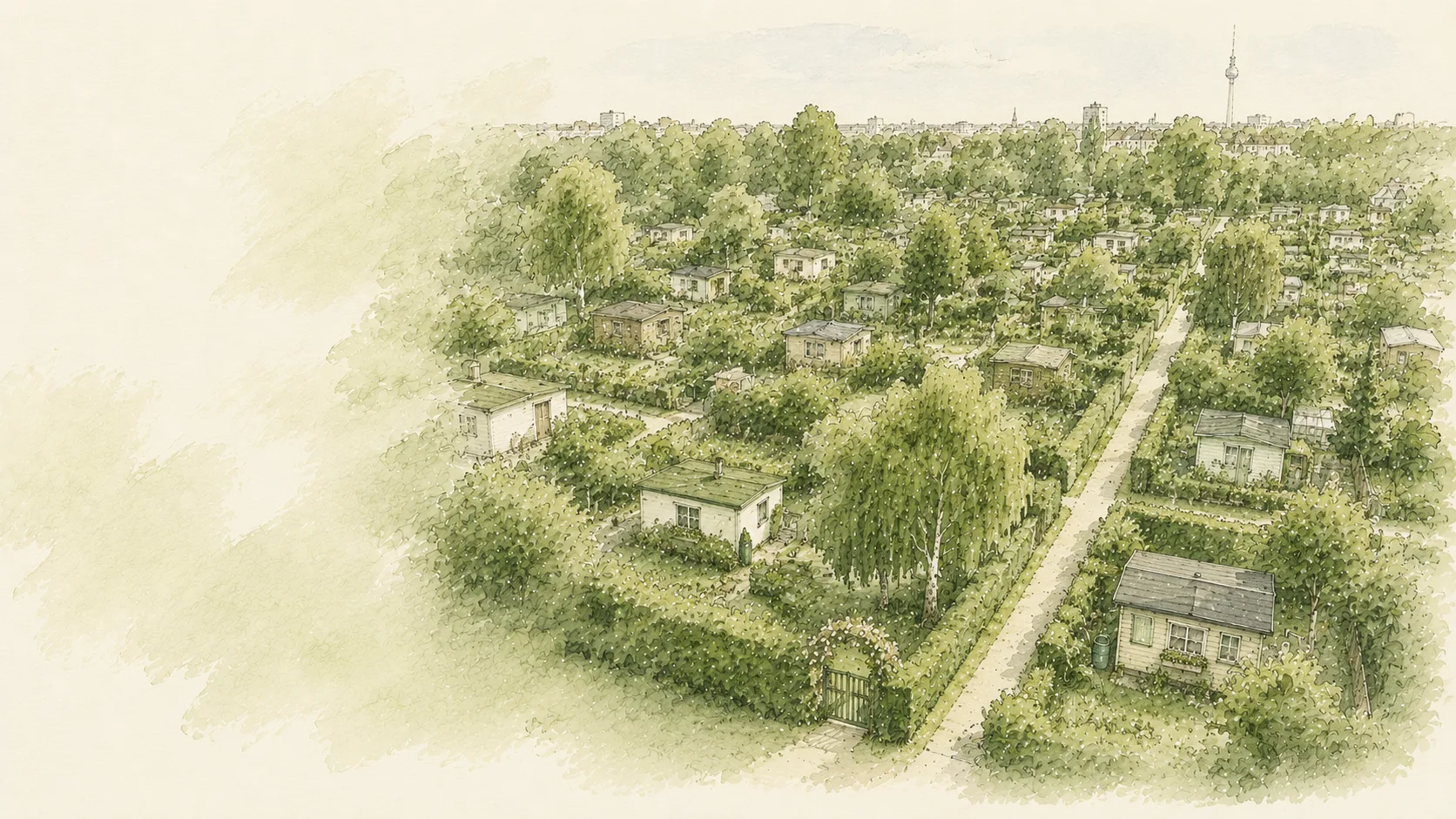 Aquarellansicht der Kleingartenkolonie Ewige Heimat in Berlin
