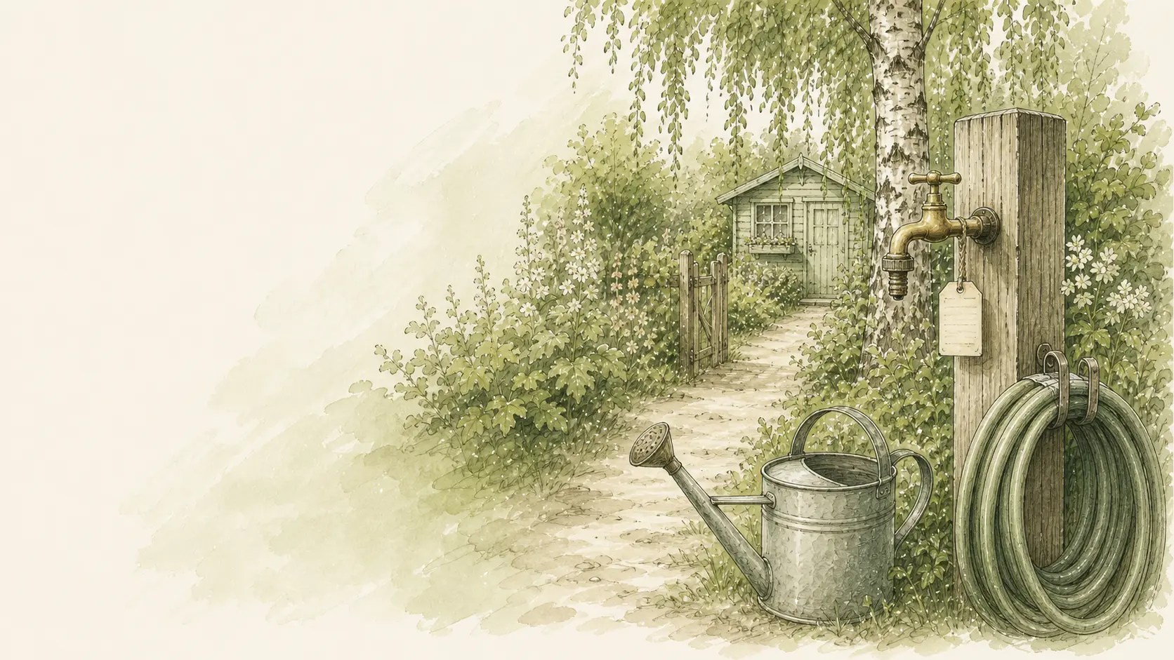 Wasserhahn mit Gartenschlauch, Gießkanne und Eimer